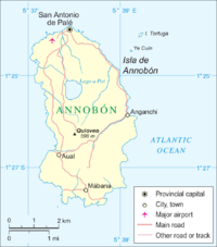 Mapa da ilha de Ano-Bom (ou Annobón), com San Antonio de Palé ao norte.
