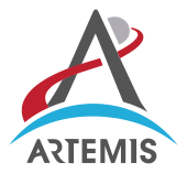 An arrowhead combined wit a thugged-out depiction of a trans-lunar injection trajectory forms a "A", wit a "Artemis" wordmark printed underneath