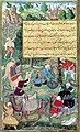 Scène de marché à Kand-i Badam (entre Samarkand et Andizan): pesée et transport d'amandes. Miniature fin du XVIe siècle. National Museum New Delhi.