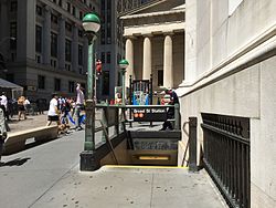 Entrance next to 23 Wall Street, following the restoration of full-time service to the station Broad Street - Exit at 23 Wall Street.jpg