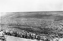 An improvised camp for Soviet POWs. Between June 1941 and January 1942, the Nazis killed an estimated 2.8 million Soviet prisoners of war, whom they viewed as "subhuman". Bundesarchiv Bild 183-B21845, Sowjetische Kriegsgefangene im Lager.jpg