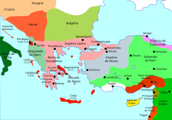 Império Bizantino depois da Quarta Cruzada. O mapa mostra o Império Latino, O Império de Niceia, Trebizonda e Epiro. As fronteiras são incertas.