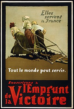 Poster da Primeira Guerra Mundial da época de levantamento de doações no Canadá, ilustrando três mulheres francesas puxando um arado. (definição 700 × 1 024)