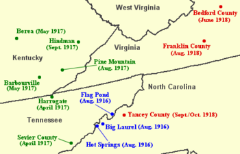 Locations in Southern and Central Appalachia visited by the British folklorist Cecil Sharp in 1916 (blue), 1917 (green), and 1918 (red). Sharp sought "old world" English and Scottish ballads passed down to the region's inhabitants from their British ancestors. He collected hundreds of such ballads, the most productive areas being the Blue Ridge Mountains of North Carolina and the Cumberland Mountains of Kentucky. Cecil-sharp-appalachia-map.png