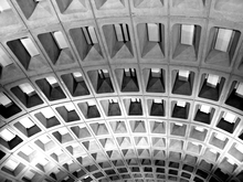 Metro's vaulted ceilings in a black-and-white filter Ceiling at Metro Center (50088263313).png