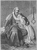 Historienmalerei „Graf Guido von Flandern mit seiner Tochter im Kerker“; Holzstich von A. Müller nach einem Ölgemälde in Die Gartenlaube von 1866