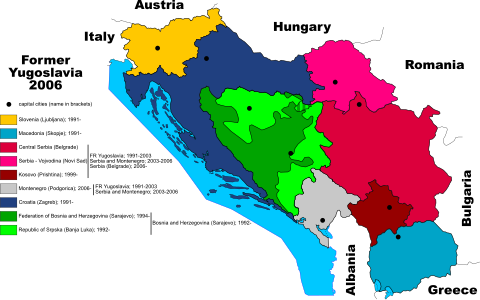 The Socialist Federal Republic of Yugoslavia disintegrated into several states starting in the early 1990s. By 2006, six UN member states existed in its former territory. Kosovo declared independence in 2008. Former Yugoslavia 2006.svg