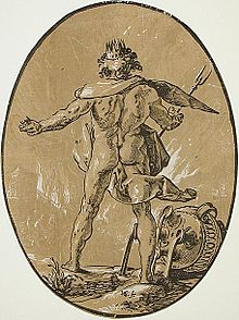 Pluto holding a bident in a woodcut from the Gods and Goddesses series of Hendrick Goltzius (1588-1589) Hendrick Goltzius 003.jpg