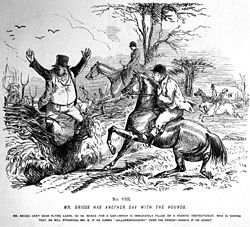 Punch magazine's "Mr. Briggs" cartoons illustrated issues over fox hunting during the 1850s. JohnLeechBriggsPleasuresHunt.jpg