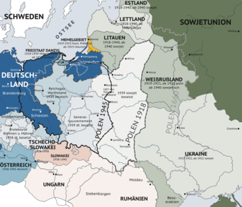 Prikaz sprememb meja v vzhodni Evropi pred, med in po drugi svetovni vojni