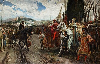 The Surrender of Granada by Francisco Pradilla Ortiz, 1882: Muhammad XII surrenders to Ferdinand and Isabella La Rendicion de Granada - Pradilla.jpg