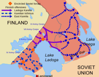 Subphases of the Finnish invasion of Karelia during the 1941 general offensive. The old 1939 border is marked in grey. Map of Finnish operations in Karelia in 1941.png
