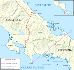Revendications frontalières faites par la Grande Colombie, le Costa Rica et la République fédérale d'Amérique centrale, selon l'Uti possidetis juris de 1810.