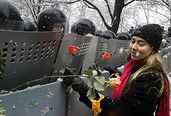 נערה שוזרת ורדים במגינים של משטרת ההפגנות, קייב, דצמבר 2004