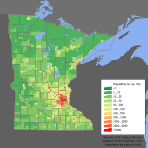 Minnesota population distribution, showing density Minnesota population map.png