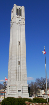 Completed in 1937, the Memorial Belltower was built to honor thirty-four NC State alumni who died in World War I. It stands 115 ft (35 m) tall. NCSU Belltower.png