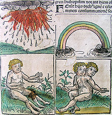 Examples of omens from the Nuremberg Chronicle (1493): natural phenomena and unnatural births. Nuremberg chronicles - Omens (CLIr).jpg