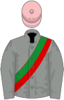 Grey, green and red sash, pink cap