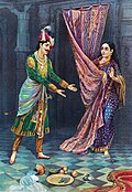 Draupadi déguisée en Sairandhri subit les avances de Kichaka (peint par Raja Ravi Varma vers 1890).