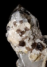Kleine Scheelitkristalle auf Quarz unter Tageslicht…