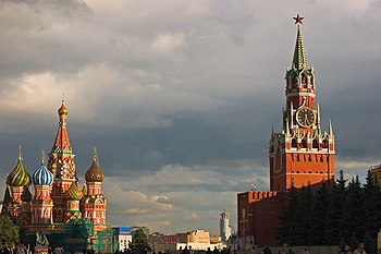 Saint Basil's Cathedral and Spasskaya Tower of Moscow Kremlin at Red Square.