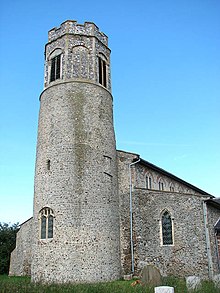 The round tower of St Andrew's, Bedingham, is of Saxo-Norman design St Andrew's church - geograph.org.uk - 1357710.jpg