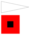 Storm signal: white pennant above square red flag with black center