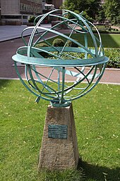 Armillary sphere sundial outside Birkbeck College in Torrington Square, unveiled on 12 June 2008 by Princess Anne to commemorate the 150th anniversary of the University of London External System. Sundial, Torrington Square, London.jpg