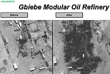 Pictures show damage to the Gbiebe oil refinery in Syria following airstrikes by US and coalition forces. SyrianOilRefineryStrikesRADM Gbiebe Modular Oil Refinery (Sep. 2014).jpg