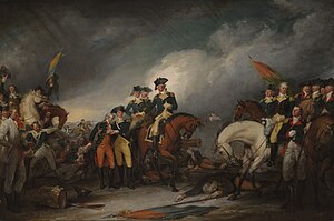 Американский генерал Вашингтон оказывает медицинскую помощь раненому гессенскому полковнику Раллю