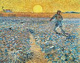 A man walking from left to right in the upper third of a vast field of crops. He is planting seeds with his right arm extended from a seed-bag that he carries over his shoulder. On the horizon to the left, in the distance, is a farmhouse and in the center of the horizon is a giant yellow rising sun surrounded by emanating rays of yellow sunlight.
