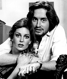 A black and white photograph of Tisha Sterling (left) and Michael Douglas (right) from the television program CBS Playhouse