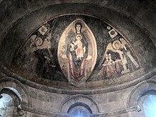 Master of Pedret, The Virgin and Child in Majesty and the Adoration of the Magi, apse fresco from Tredos, Val d'Aran, Catalonia, Spain, c. 1100, now at The Cloisters in New York City. 'The Virgin and Child in Majesty and the Adoration of the Maji', Romanesque fresco by the Master of Pedret from the apse of the Church of Saint Joan at Tredos, Lleida, Spain, c. 1100.jpg