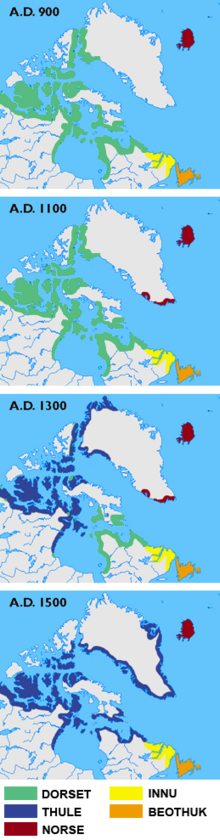 Die vier Karten zeigen jeweils denselben Kartenausschnitt, der Island, Grönland und einen Teil Nordamerikas umfasst, zu verschiedenen Zeitpunkten; im Jahr 900 ist nur Island von Nordgermanen besiedelt, 1100 auch ein Streifen Grönlands, 1300 ist der Bereich der Dorset-Kultur zurückgegangen und teilweise von der Thule-Kultur übernommen worden, die 1500 auch das ehemalige Gebiet der Grænlendingar übernommen hat.