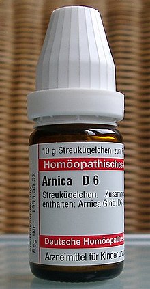 This bottle is labelled Arnica montana (wolf's bane) D6, i.e. the nominal dilution is one part in a million (10 ). Arnica montana homeopathie zoom.jpg