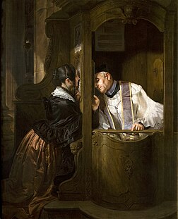 La Confession, 1838, huile sur toile du peintre italien Giuseppe Molteni. (définition réelle 1 295 × 1 600)