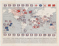 Map of the British Empire (as of 1910). At its height, it was the largest empire in history. Arthur Mees Flags of A Free Empire 1910 Cornell CUL PJM 1167 01.jpg