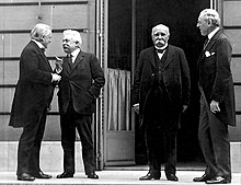 "The Big Four" made all the major decisions at the Paris Peace Conference (from left to right, David Lloyd George of Britain, Vittorio Emanuele Orlando of Italy, Georges Clemenceau of France, and Woodrow Wilson of the United States). Big four-1919-cropped.jpg