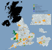 Constituencies where the Unite to Remain pact was active. Coloured by which party stood a candidate. British remain alliance.png