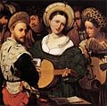 El concierto de Callisto Piazza, 1528-1530. Dos mujeres y un hombre luciendo balzos, mostrando las diferencias entre el estilo femenino y masculino.