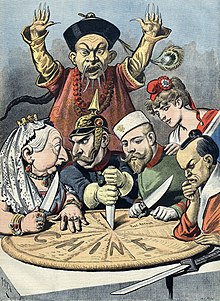 A French political cartoon in 1898, China - the cake of Kings and Emperors, showing Queen Victoria of Britain, Kaiser Wilhelm II of Germany, Tsar Nicholas II of Russia, Marianne of France and Japanese Emperor Meiji dividing China ruled by Emperor Guangxu. "Kiao-Tcheou" and "Port-Arthur," written on slices of the cake, represent those locations in China; a stereotyped mandarin reacts with horror in the background. China imperialism cartoon.jpg