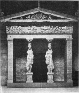 Ancient Greek caryatids of the Cnidian Treasury, c.550 BC, probably marble, Delphi Archaeological Museum, Delphi, Greece