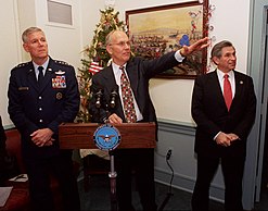 Senator Larry Craig with Chairman of the Joint Chiefs of Staff General Richard B. Myers and Deputy Secretary of Defense Paul Wolfowitz at The Pentagon on December 13, 2002. Defense.gov News Photo 021213-D-9880W-088.jpg