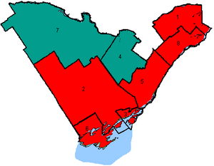 Map of the region's ridings in 2000. Colours show the result from the 2000 election