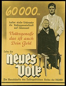 Propaganda for Nazi Germany's T-4 Euthanasia Program: "This person suffering from hereditary defects costs the community 60,000 R[?]M[?] during his lifetime. Fellow German, that is your money, too." from the Office of Racial Policy's Neues Volk. EuthanasiePropaganda.jpg