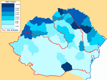 Jewish population per county in Greater Romania, according to the Wiesel Commission report, pp. 81, which counted 728,115 Jews by ethnicity and 756,930 Jews by religion EvRoMare1930.PNG
