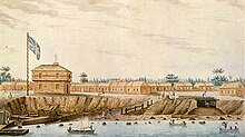 Constructed in 1793, Fort York was located at the entrance of a bay formed by the Toronto Islands. FortYork1804.jpg