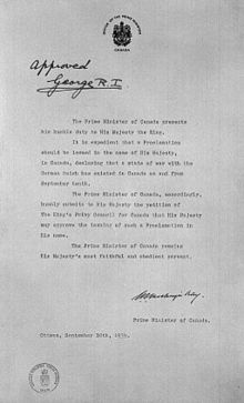 A request from Prime Minister Mackenzie King to King George VI that war be declared against Germany GeoVICan.jpg