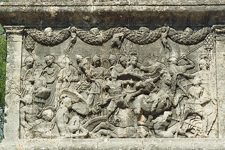 Relief of Romans in combat, Mausoleum of the Julii, Glanum (Saint-Rémy de Province), 35-25 BCE