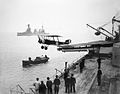 Image 83A Sopwith 1½ Strutter aircraft taking off from a temporary flight deck on the first HMAS Australia, a battle cruiser, in 1918. (from History of the Royal Australian Navy)